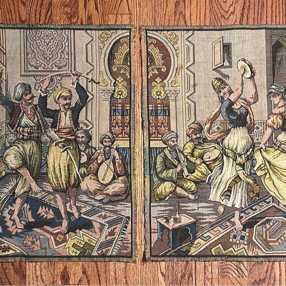 Pair of Vintage Tapestry Squares–20” x 20” Middle Eastern Arabian Scene Wall Art